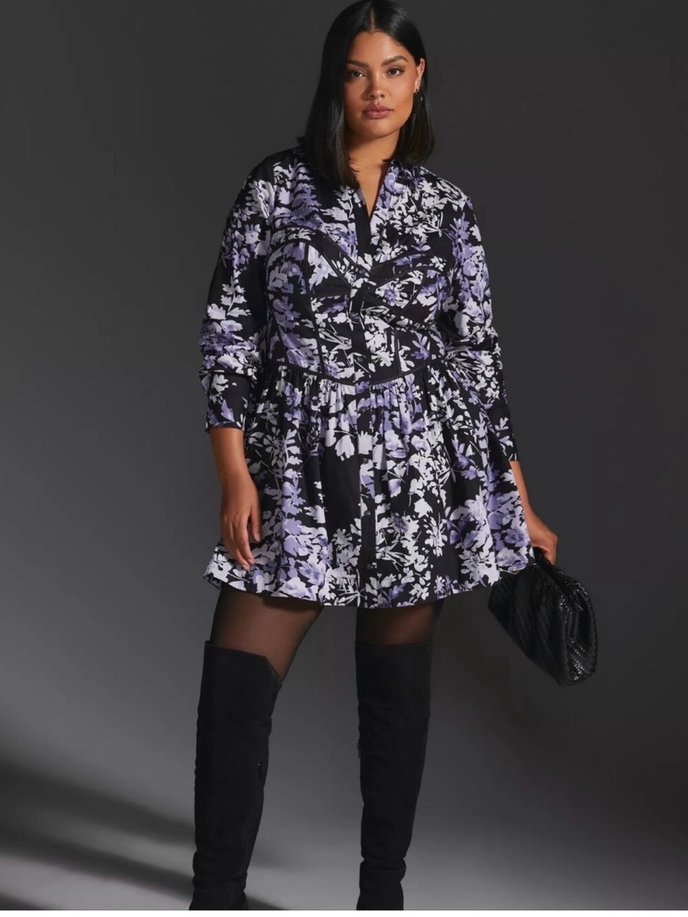 Anthropologie Black Mini Dress with Lavender Floral Print